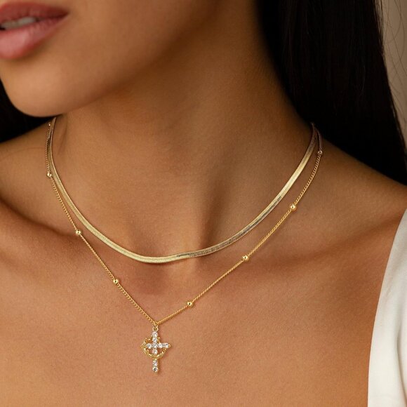 Women  Chain Set, Gold 14K Gold Plated Crown Cross Necklace - Non-Tarnish - Picture 3 of 6